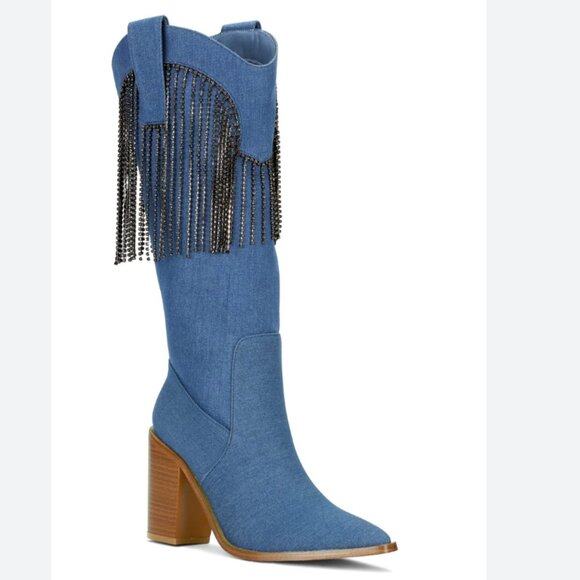 NEW Venus Cowgirl Embellished Fringe Blue Denim Boot - Picture 7 of 11